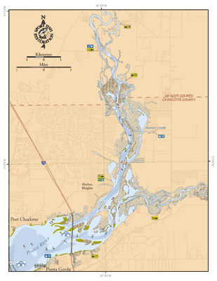 Detailed map showing the Peace River from Punta Gorda to Fort Ogden